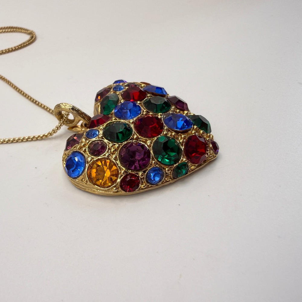 Rainbow Rhinestone Puffy Heart Necklace Vintage Gold Tone Long Chunky - Picture 2 of 8